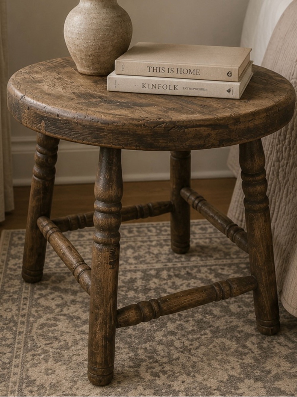 Round Turned-Leg Wooden Accent Stool in Brown Barrel Distressed Wood Turned Legs